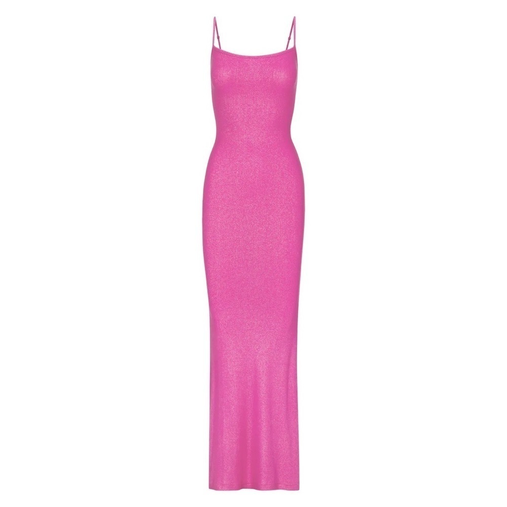 Skims Ribbed Glitter Maxi Slip Dress FUCHSIA